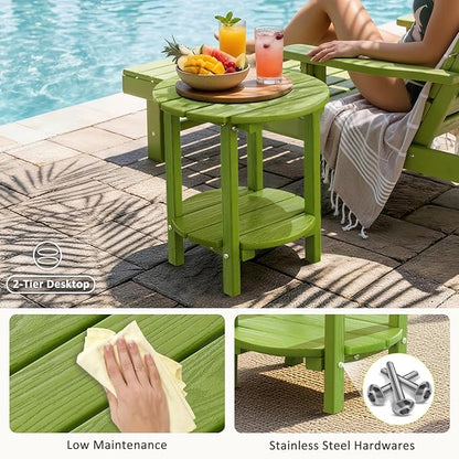 2 Tier Round Outdoor Side Table with Wood-Like Grain, HDPE Adirondack Table Patio Side Table, Weather Resistant End Table for Pool, Patio & Porch, Small Outdoor Table (Lime, Round)