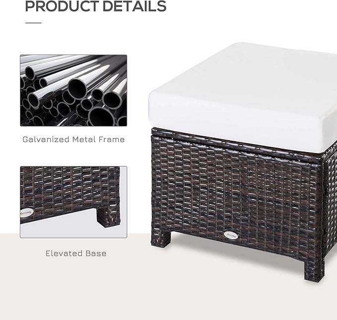 Outsunny 20" Patio Wicker Ottoman, Multipurpose Outdoor PE Rattan Footrest, Additional Seating, Side Table with Soft Cushion, Dark Brown, Cream White