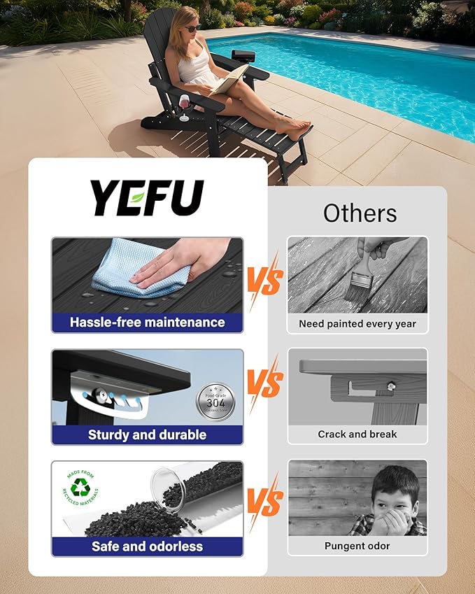 YEFU Adjustable Adirondack Chair with Retractable Ottoman Set of 8,Folding Adirondack Chair with 2 Cup-Holders, Outdoor Chairs with Footrest,Weather Resistant Fire Pit Chairs,for Patio Lawn(Black)