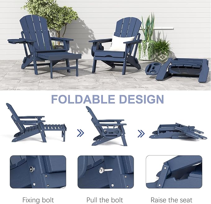 FOOWIN Adirondack Chair with Retractable Ottoman,HDPE Folding Adjustable Adirondack Chair w/4 in 1 Cup Holder Trays,All-Weather Resistant Fire Pit Chair for Outdoor Patio Lawn Set of 4