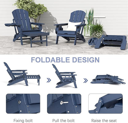 FOOWIN Adirondack Chair with Retractable Ottoman,HDPE Folding Adjustable Adirondack Chair w/4 in 1 Cup Holder Trays,All-Weather Resistant Fire Pit Chair for Outdoor Patio Lawn Set of 6