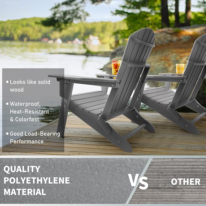 FUNBERRY Folding Adirondack Chair with Adjustable Backrest, HDPE All Weather Fire Pit Chairs with Cup Holder