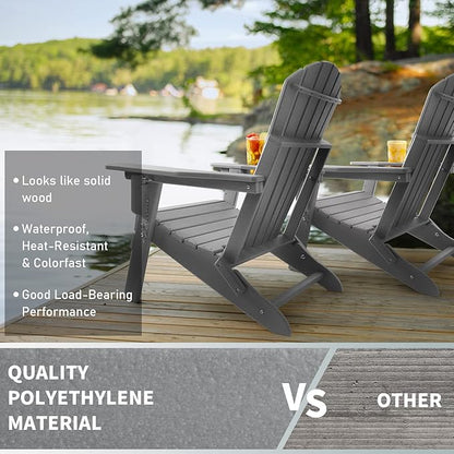 FUNBERRY Folding Adirondack Chair with Adjustable Backrest, HDPE All Weather Fire Pit Chairs with Cup Holder