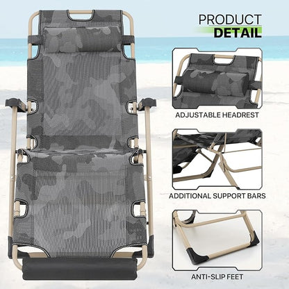 Magshion Folding Patio Chairs Set of 2, Outdoor Lounge Chair with Footrest, Folding Portable Outside Recliner Chair for Backyard, Beach, Camouflage