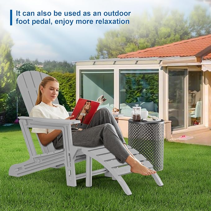 FONTOI Adirondack Ottoman, HDPE Plastic Adirondack Chair Footstool, All Weather Outdoor Footrest for Patio, Backyard, Lawn, Fire Pits, Grey