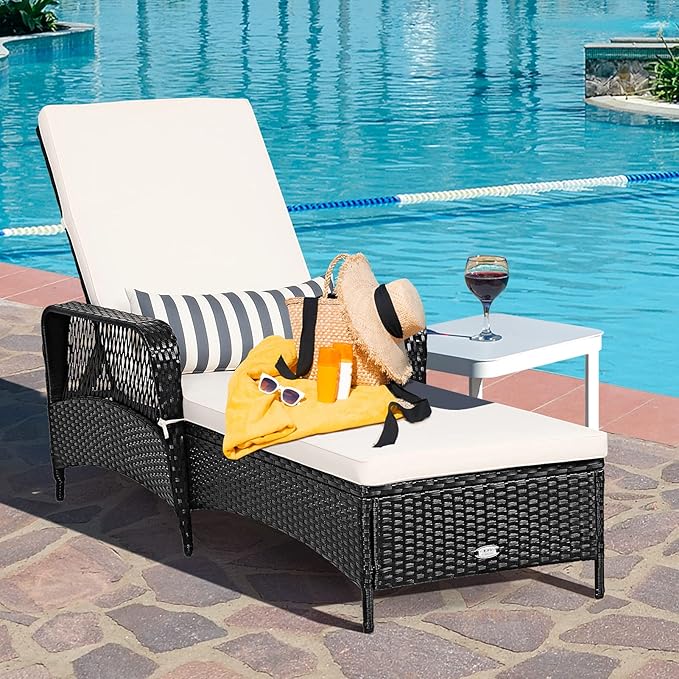 COSTWAY PE Rattan Chaise Lounge Chair Armrest Recliner Adjustable Pillow Black - Photo 4