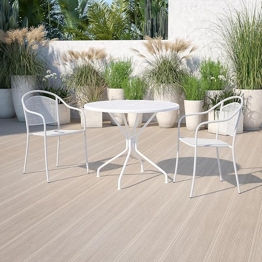 Flash Furniture Oia Commercial Grade 35.25" Round White Indoor-Outdoor Steel Patio Table with Umbrella Hole