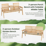 Tangkula Outdoor Fir Wood Bench with Foldable Middle Table, 2-3 Person Garden Bench with Backrest and Armrests - Photo 7