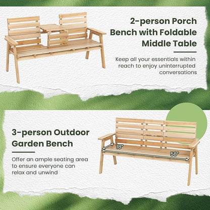 Tangkula Outdoor Fir Wood Bench with Foldable Middle Table, 2-3 Person Garden Bench with Backrest and Armrests, 710 lbs Weight Capacity, Slatted Seat Bench for Porch, Patio, Backyard