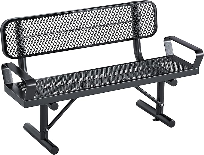 Ceridwen Outdoor Benches Heavy Duty Steel Frame Park Bench with Backrest Bench,Park Bench Steel Mesh Outdoor Bench for Garden,Weatherproof Outdoor Bench for Garden (Black with Armrests, 4FT)