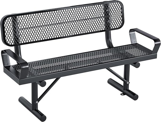 Heavy Duty Park Bench for Outside, Metal Park Bench with Back Portable Frame, Outdoor Steel Mesh Garden Bench with Backrest for Garden, Lawn, Patio, Porch, Park, Yard (Black/ With Armrest, 4FT/50INCH)