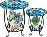 2 Pcs Outdoor Side Table Small Patio Round Mosaic Accent End Table Indoor Plant Metal Coffee Tea Tables for Patio Yard - Photo 1