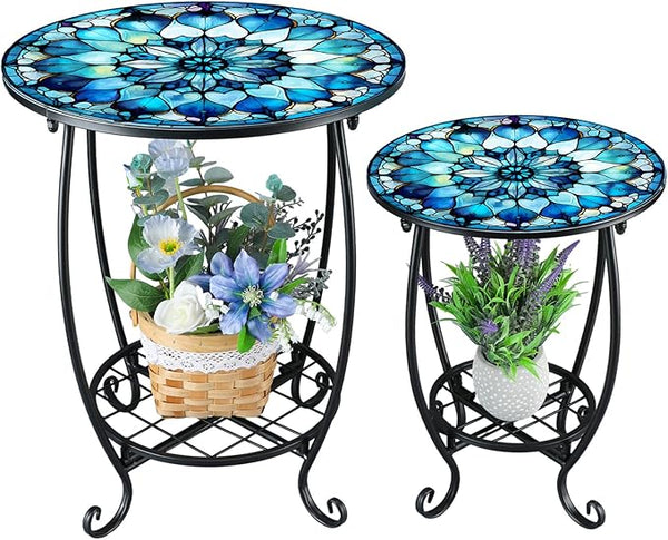 2 Pcs Outdoor Side Table Small Patio Round Mosaic Accent End Table Indoor Plant Metal Coffee Tea Tables for Patio Yard - Photo 1