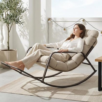 NICESOUL Papasan Rocking Chair with Footrest, Outdoor Rocking Chair with Cushion, Oversized Patio Rocker, Recliner-Style Comfort, Heavy Duty Steel Frame, Indoor Balcony Backyard, Beige