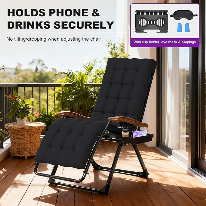 PURPLE LEAF Extra Wide Outdoor Reclining Chair Patio Zero Gravity Chaise Lounge Folding Chair with Removable Cushion Adjustable Headrest for Lawn Camping Beach Pool Black
