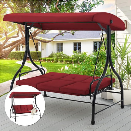 AECOJOY 3-Seat Outdoor Porch Swing with Adjustable Backrest and Canopy, Patio Swing w/Removable Cushions Outdoor Swing Bed for Porch, Backyard, Poolside, Burgundy