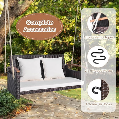 HAPPYGRILL 2-Seater Hanging Swing, Outdoor PE Rattan Hanging Swing with Curved Acacia Wood Armrests, Padded Cushions, Porch Swing Bench, Perfect for Patio Garden Deck, 800 lbs Weigh Capacity
