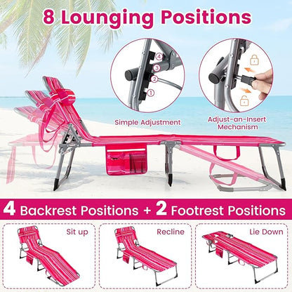 Giantex Face Down Tanning Chair, Folding Beach Lounge Chair w/ 4-Position Adjustable Backrest, Outdoor Sunbathing Lounge Chair w/Face Arm Hole & Storage Pocket for Patio Deck Poolside (1 Pink Stripe)
