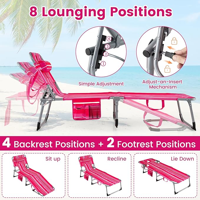 Giantex Face Down Tanning Chair, Folding Beach Lounge Chair w/ 4-Position Adjustable Backrest, Outdoor Sunbathing Lounge Chair w/Face Arm Hole & Storage Pocket for Patio Deck Poolside (2 Pink Stripe)