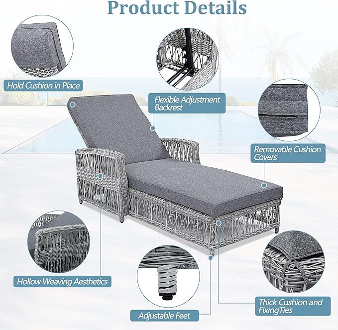 SOFTSEA Patio Rattan Chaise Lounge Chair, Outdoor Wicker Chaise Lounge with 4-Position Adjustable Backrest - Photo 5