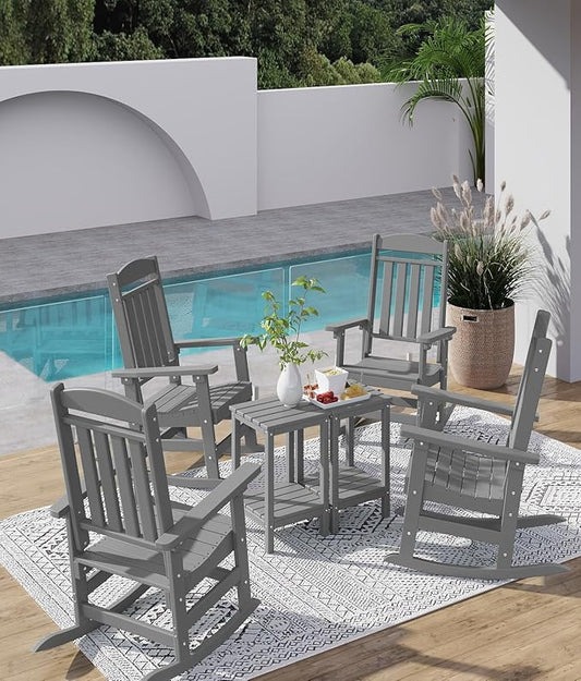 FOOWIN Outdoor Rocking Chair Set of 6, High Back Patio Rocking Chair, HDPE All Weather Resistant Porch Rocker for Adult, Oversized Rocking Chairs for Garden, Lawn, Indoor & Outdoor Use, Grey