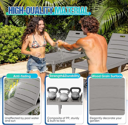 Greesum Outdoor Chaise Lounge Chair Set of 2, Waterproof 5-Position Adjustable PP Sun Loungers for Patio, Poolside, and Beach Sunbathing, Light Coffee