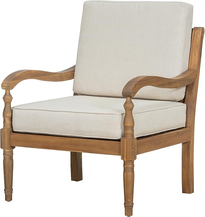 Christopher Knight Home Pyosik Acacia Wood Patio Chair, Comfy Armchair with Thick Cushions, Comfort Seating for Garden Backyard Poolside, Wooden Lounge Chair Outdoor with Armrest, Beige + Natural