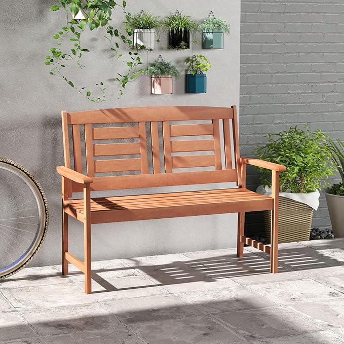 Byroce 2-Person Outdoor Bench, Solid Wood Patio Loveseat with Comfy Backrest & Armrest, Heavy Duty Garden Bench for Outdoors Backyard, Park, Balcony & Front Porch, Teak Oil Rubbed (Vertical Slat)
