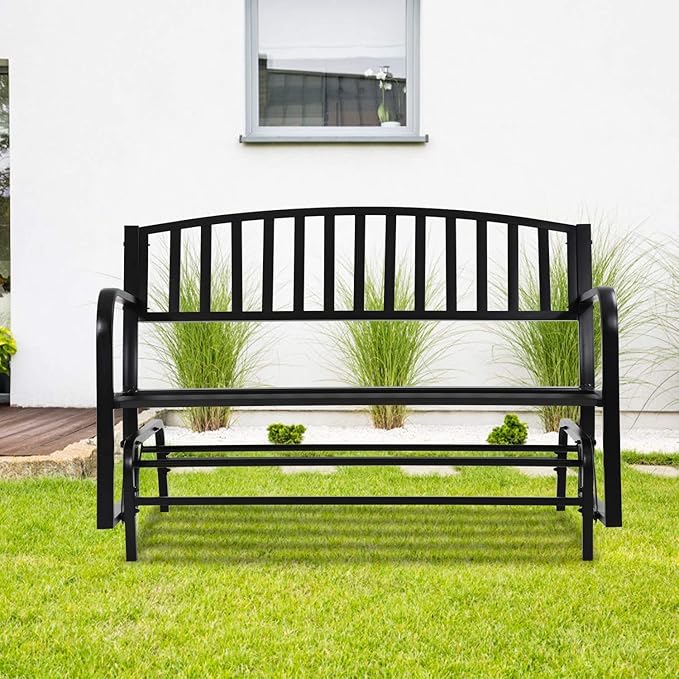 Dkeli Patio Glider Bench Outdoor Park Bench Garden Bench Metal Cast Iron 50” Fornt Porch Chair Cushion with Armrest for Outdoor Yard Balcony Entryway, Black