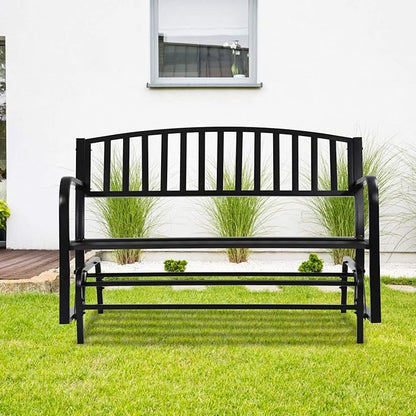 Dkeli Patio Glider Bench Outdoor Park Bench Garden Bench Metal Cast Iron 50” Fornt Porch Chair Cushion with Armrest for Outdoor Yard Balcony Entryway, Black