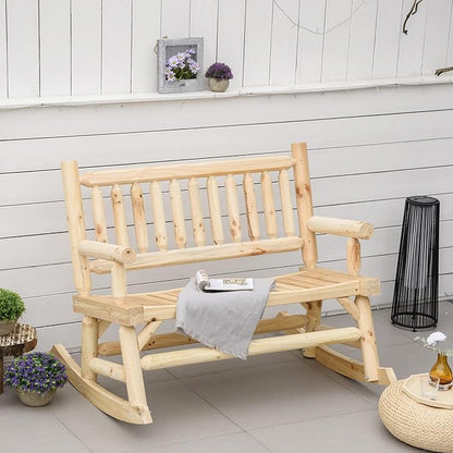 2 Person Wood Rocking Chair with Log Design, Heavy Duty Loveseat with Wide Curved Seats for Patio, Backyard, Garden, Natural