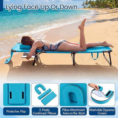 COSTWAY Tanning Chair with Face Hole, Pillows & Adjustable Backrest, Folding Chaise Lounge for Sunbathing, Beach, Seaside (1, Turquoise)