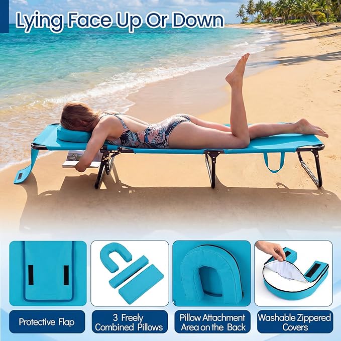 COSTWAY Tanning Chair with Face Hole, Pillows & Adjustable Backrest, Portable with Carrying Bag, Folding Beach Chaise Lounge for Sunbathing, Seaside (2, Turquoise)