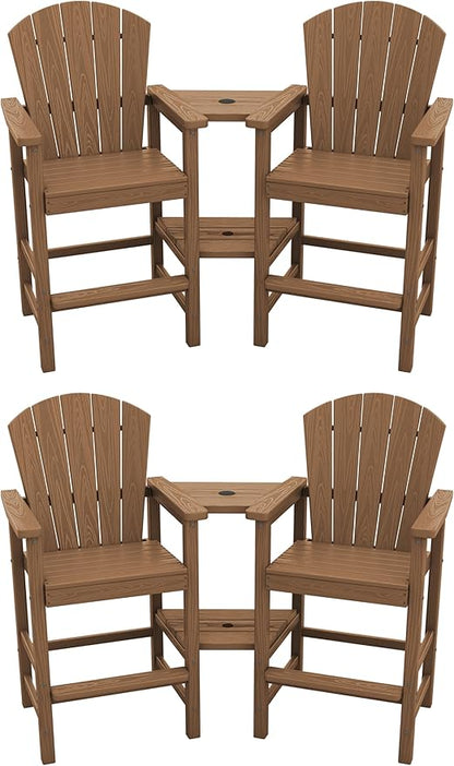 SERWALL Tall Adirondack Chairs Set of 4 with Double Layer Connecting Tray, HDPE Bar Height Outdoor Chairs, Wood-Like Adirondack Bar Stools for Patio, Balcony, Porch, Brown