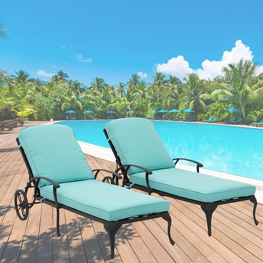 Chaise Lounge Outdoor Chair with Wheels, Adjustable Reclining Rust-Resistant Aluminum Cast Poolside Chaise Lounge Furniture Set of 2, Waterproof Blue Cushion