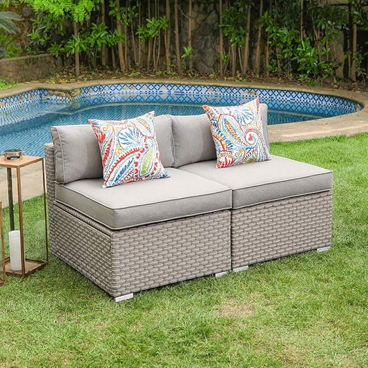 COSIEST 2-Piece Outdoor Furniture Add-on Armless Chairs for Expanding Wicker Sectional Sofa Set w Warm Gray Thick Cushions, 2 Floral Fantasy Pillows for Garden, Pool, Backyard
