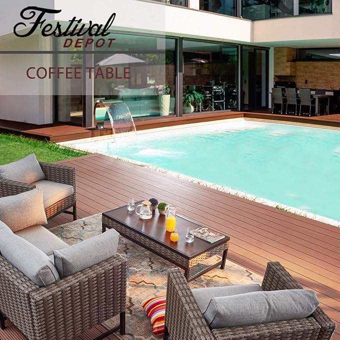 Festival Depot Patio Table Rattan Woven Wicker Coffee Table with Aluminum Tabletop All Weather Outdoor Furniture for Backyard Porch Garden (H Shaped Leg),Brown