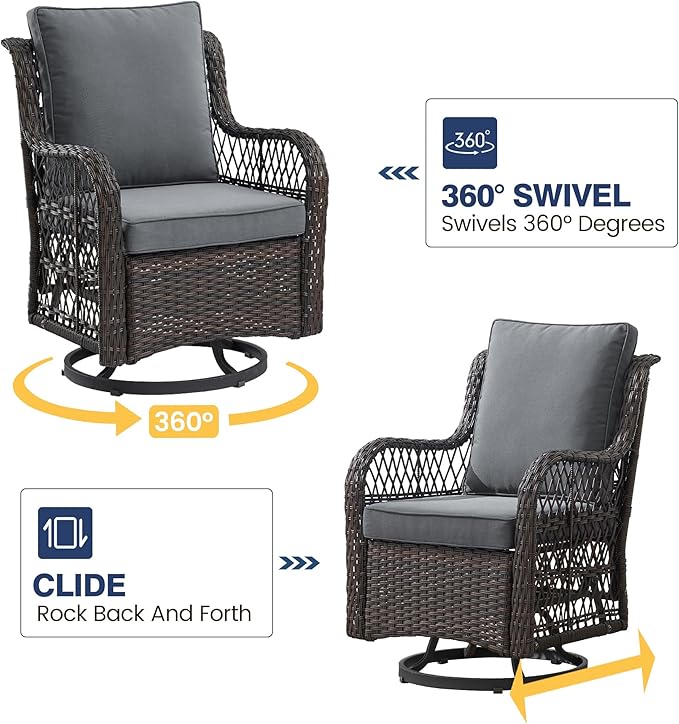 GAOMON 3 Piece Outdoor Patio Set, Wicker Rocking Bistro Set with 2 Swivel Chairs & Tempered Glass Top Table - Photo 4