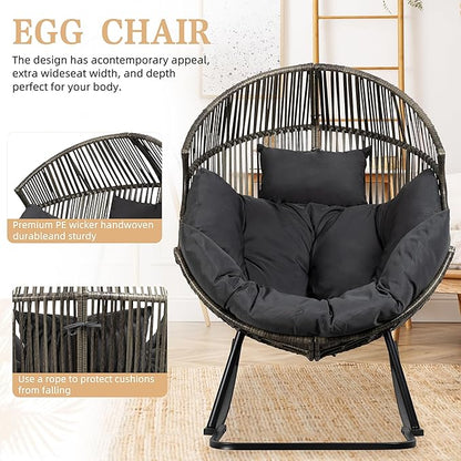 Vongrasig Wicker Rocking Egg Chair PE Rattan with Cushion, Oversized Patio Lounge Rocker Chair for Outdoor, Indoor, Balcony, Backyard, Garden, Black/Rattan