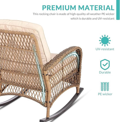 MEETWARM Outdoor Wicker Rocking Chair, Rattan Patio Rocker Chairs with Cushions and High Back, All-Weather Patio Wicker Chair with Safe Rocking Design for Garden Backyard Porch, Brown/Beige
