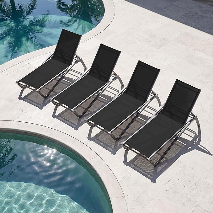 Lounge Chair Set of 4, Aluminum Chaise Lounge Outdoor, Lightweight Lounge Chairs for Outside with 5 Adjustable Backrest, Pool Lounger for Poolside, Beach, Balcony, Deck (Black)