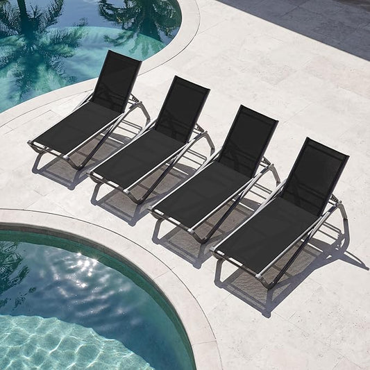 Lounge Chair Set of 4, Aluminum Chaise Lounge Outdoor, Lightweight Lounge Chairs for Outside with 5 Adjustable Backrest, Pool Lounger for Poolside, Beach, Balcony, Deck (Black)