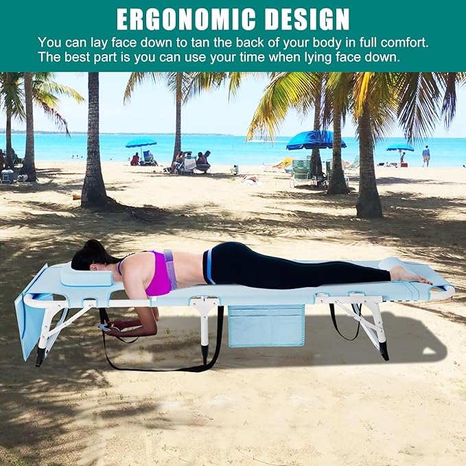 DoCred Heavy Duty XXL Tanning Chair with Face Hole&Mat, Oversized 5-Position Folding Chaise Lounge Chairs for Outside, Portable Beach Lounge Chair for Outdoor Sunbathing Beach Pool Lawn Camping