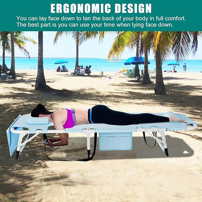 DoCred Heavy Duty XXL Tanning Chair with Face Hole&Mat, Oversized 5-Position Folding Chaise Lounge Chairs for Outside, Portable Beach Lounge Chair for Outdoor Sunbathing Beach Pool Lawn Camping