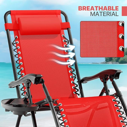 Magshion Folding Zero Gravity Chairs Set of 2, Outdoor Reclining Camping Chairs, Patio Lounge Recliners with Side Table & Cup Holder Tray, Red