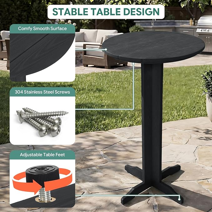 Outdoor Round Bar Table,43 Inch All-Weather HDPE Bar Height Pub Table with Adjustable Feet, Heavy Duty High Top Bistro Table for Garden, Deck, Poolside,Backyard(Black)