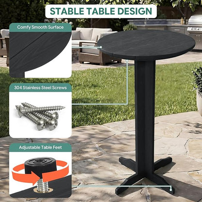 Outdoor Round Bar Table,43 Inch All-Weather HDPE Bar Height Pub Table with Adjustable Feet, Heavy Duty High Top Bistro Table for Garden, Deck, Poolside,Backyard(Black)