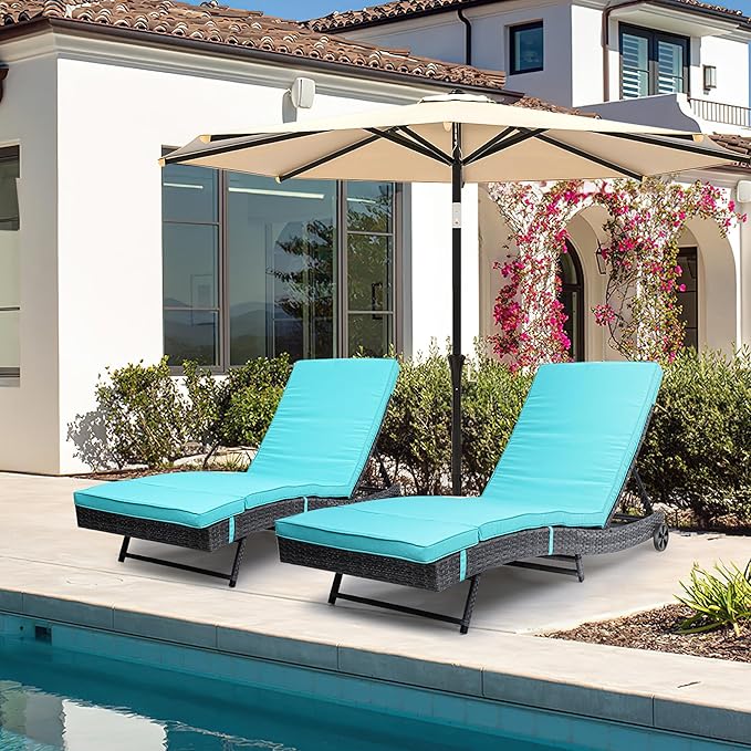 YITAHOME Rattan Lounge Chair Set of 2, Wicker Outdoor Chaise Lounge w/Wheels, Removable Cushion, 5-Position Backrest, Easy to Assemble Sun Lounger for Poolside Beach Balcony (Blue)