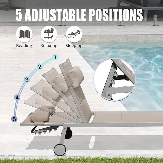 Domi Patio Chaise Lounge Set of 3, Aluminum Pool Lounge Chairs with Side Table and Wheels, Textilene Padded Adjustable Recliner All Weather for Patio Deck Poolside Beach Yard, Lawn, Khaki