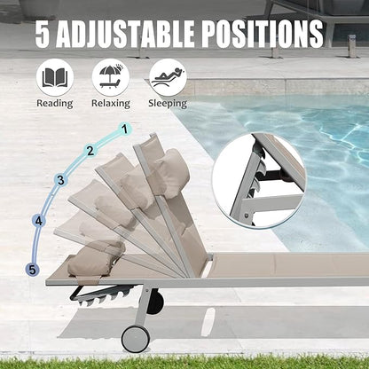 Domi Patio Chaise Lounge Set of 3, Aluminum Pool Lounge Chairs with Side Table and Wheels, Textilene Padded Adjustable Recliner All Weather for Patio Deck Poolside Beach Yard, Lawn, Khaki